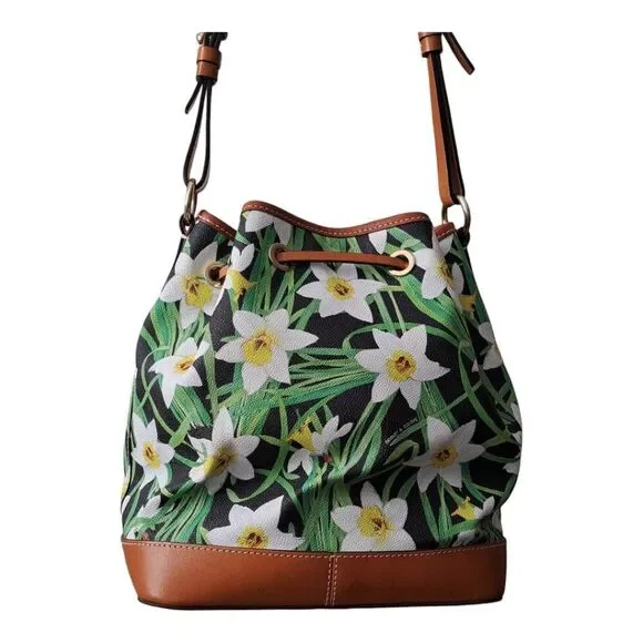Dooney & Bourke Daffodil Tassel Drawstring Bucket Bag Purse Floral Leather Trim - Picture 9 of 13